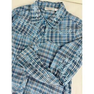 Pink Cattlelac Embroidered Blue Pearl Snap Western Shirt Size Large Cotton Plaid